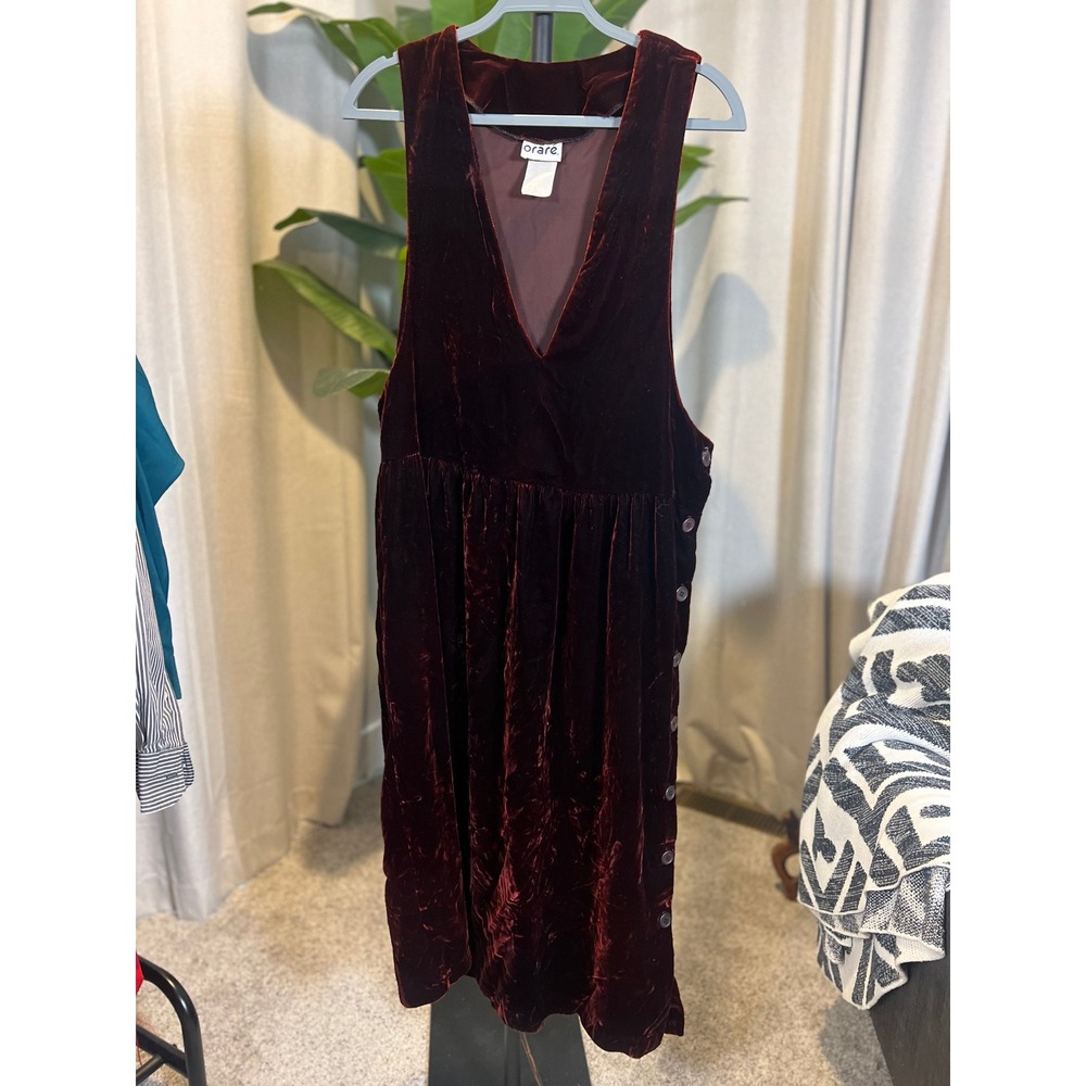Orare Burgundy Crushed Velvet Jumper Dress V-Neck Side Button Midi Sleeveless
